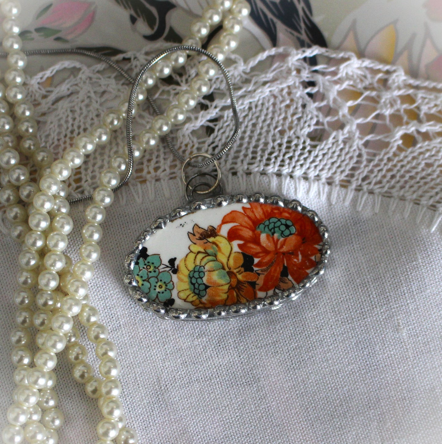 Bright Floral Oval Pendant