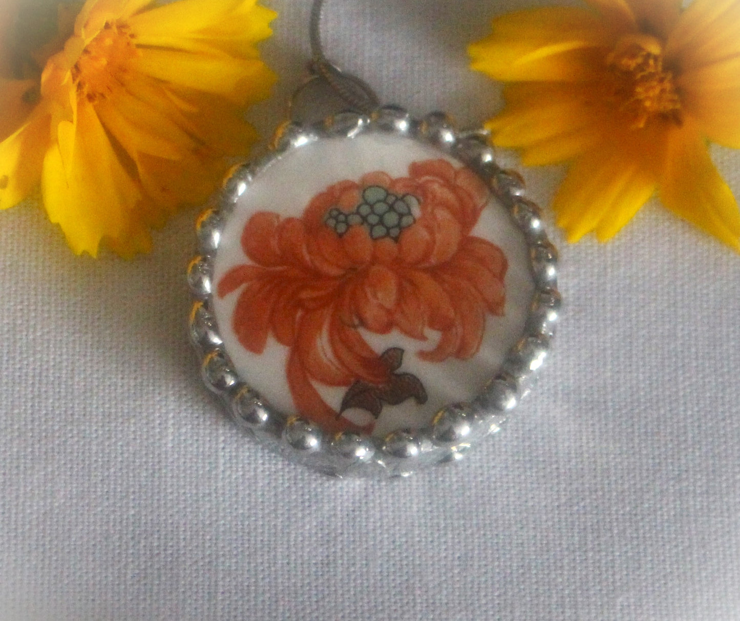 Orange Peony Round Pendant