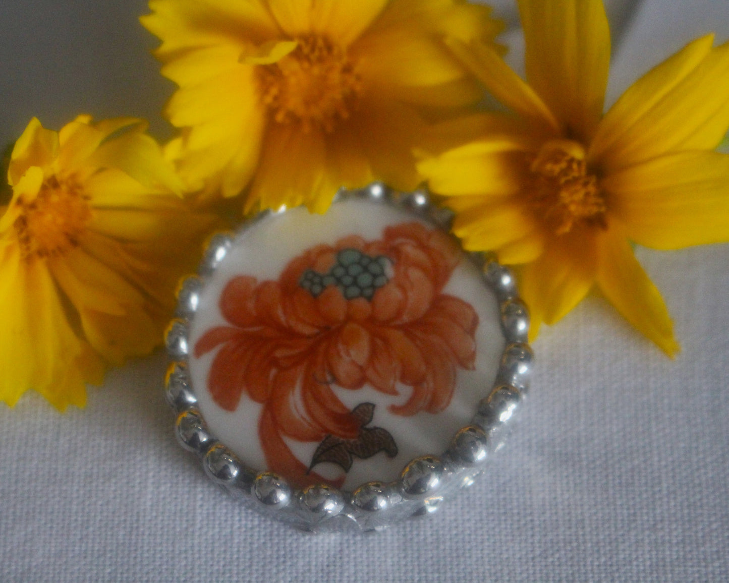 Orange Peony Round Pendant