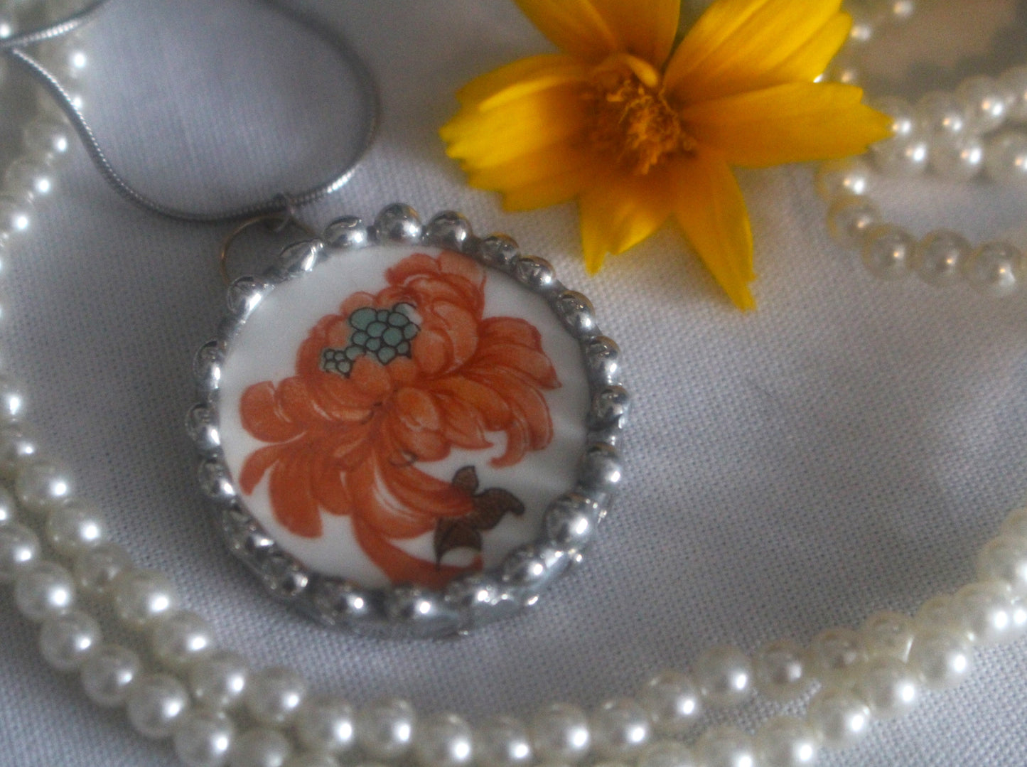 Orange Peony Round Pendant