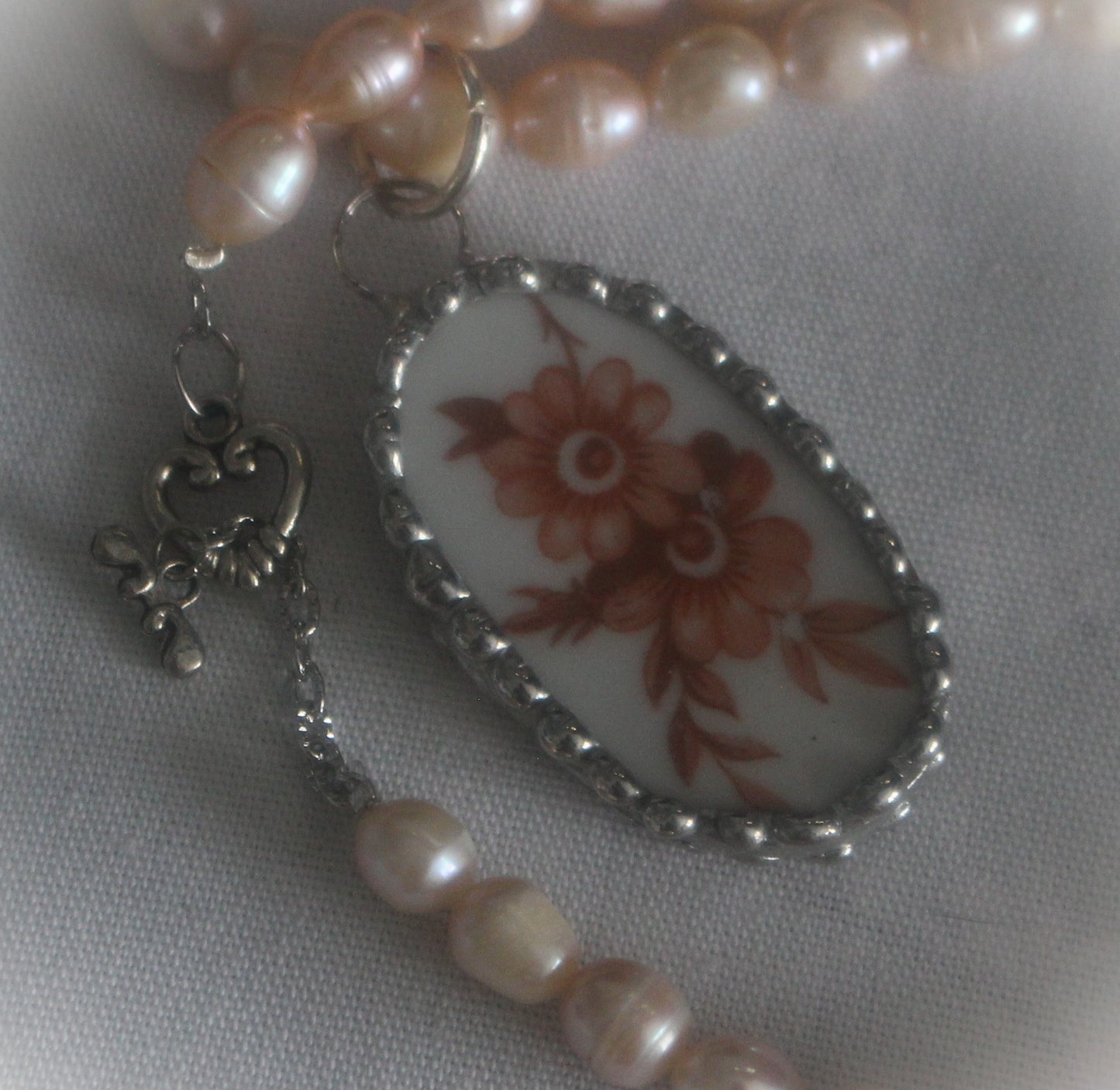 Floral and Mauve Freshwater Pearl Necklace Oval