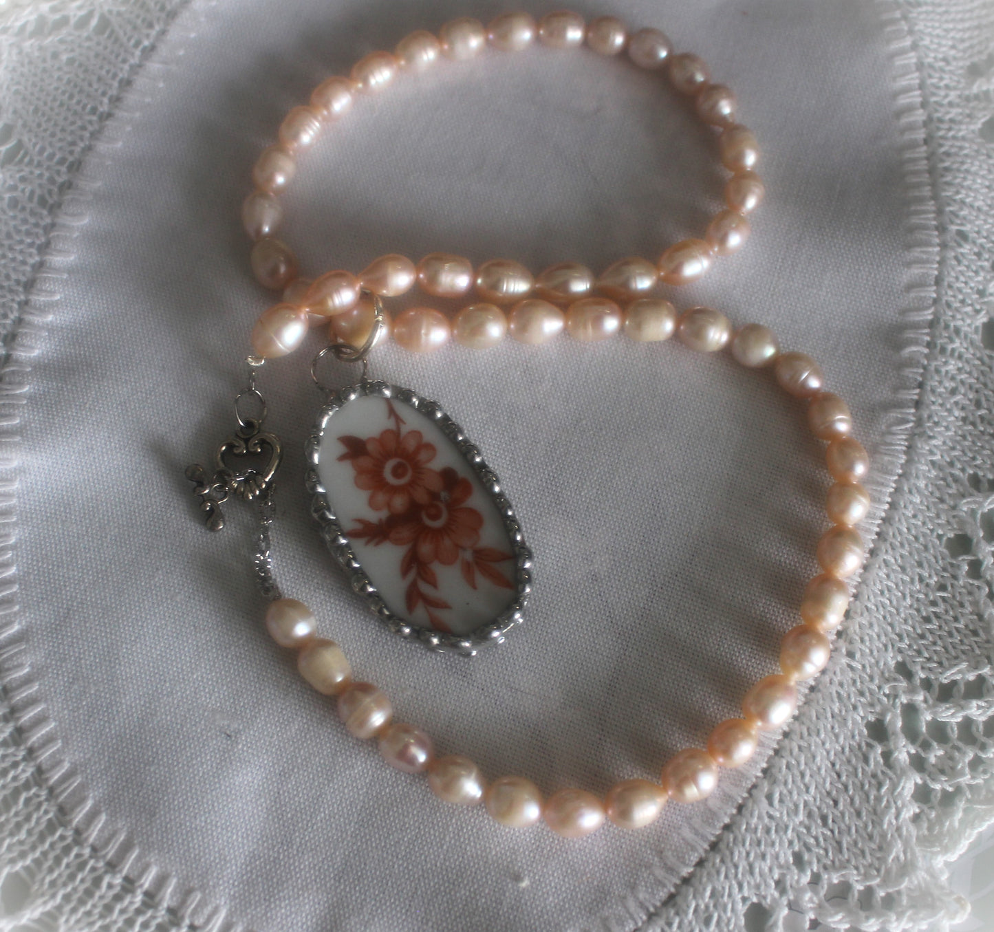 Floral and Mauve Freshwater Pearl Necklace Oval