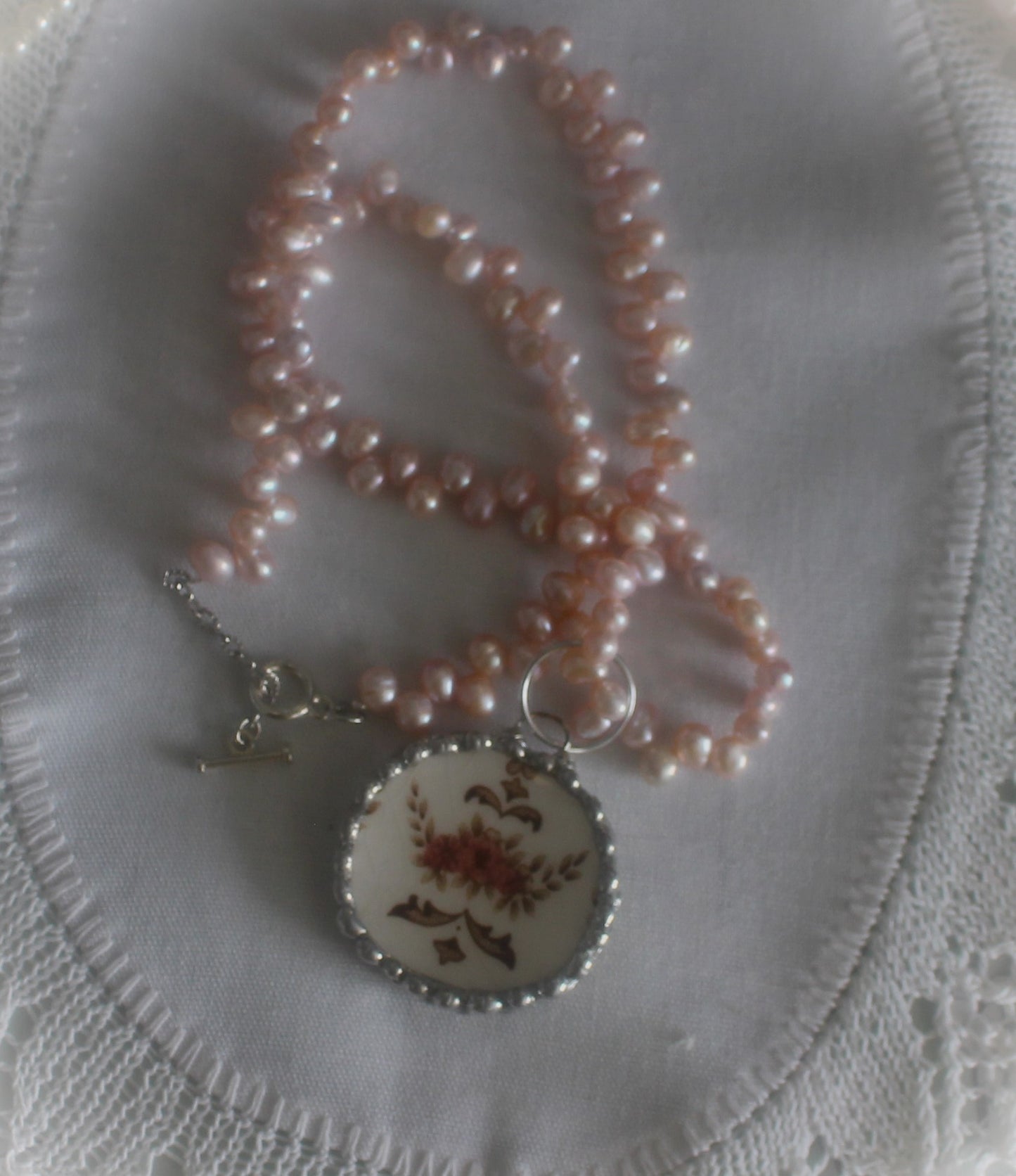 Fleur Pink and Brown Round Pendant On Pearls