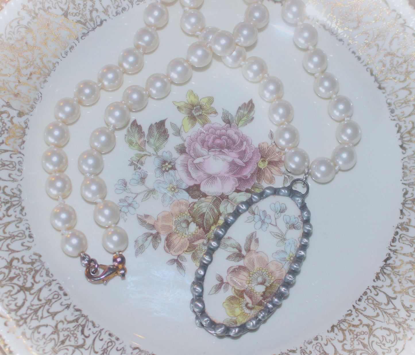 Pastel Floral Oval Pendant English Regency 1940