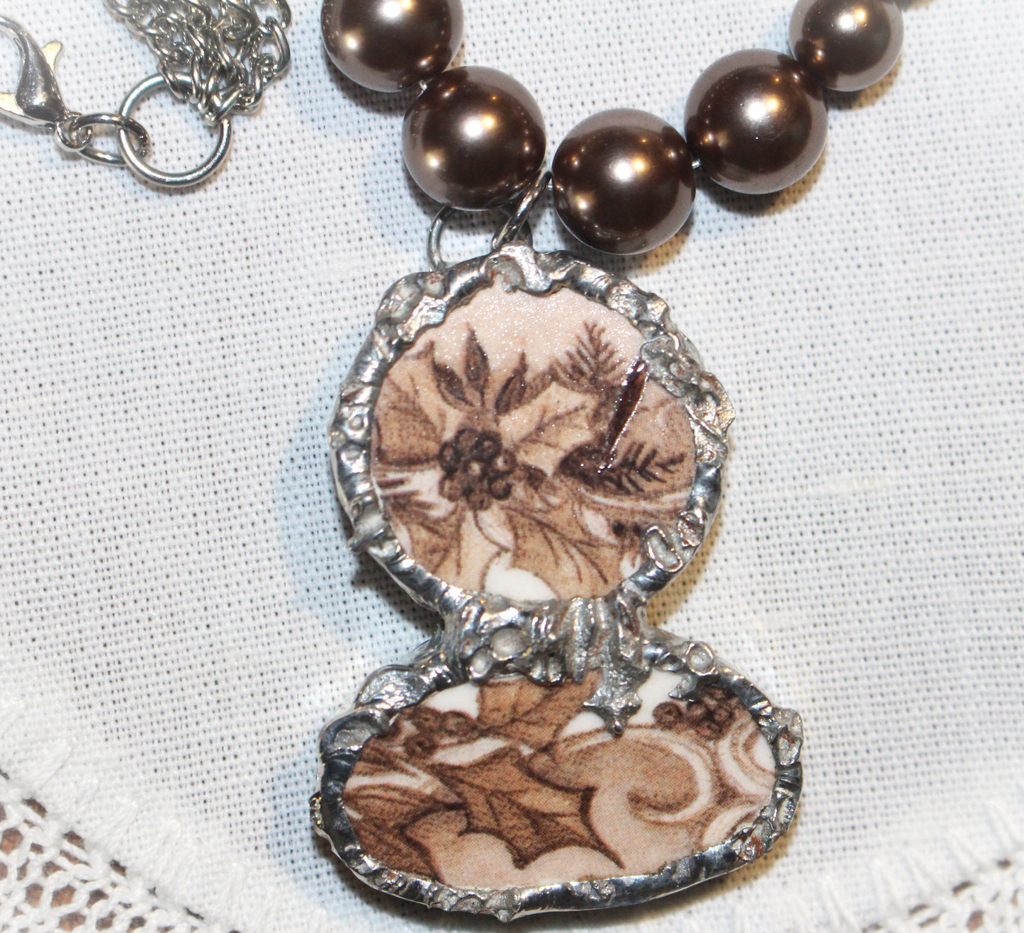 Double Brown Poinsettia Pendant and Earrings with Pearls