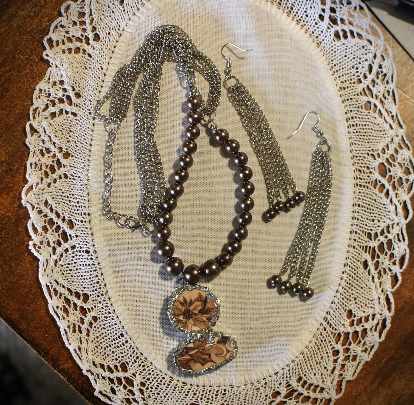 Double Brown Poinsettia Pendant and Earrings with Pearls