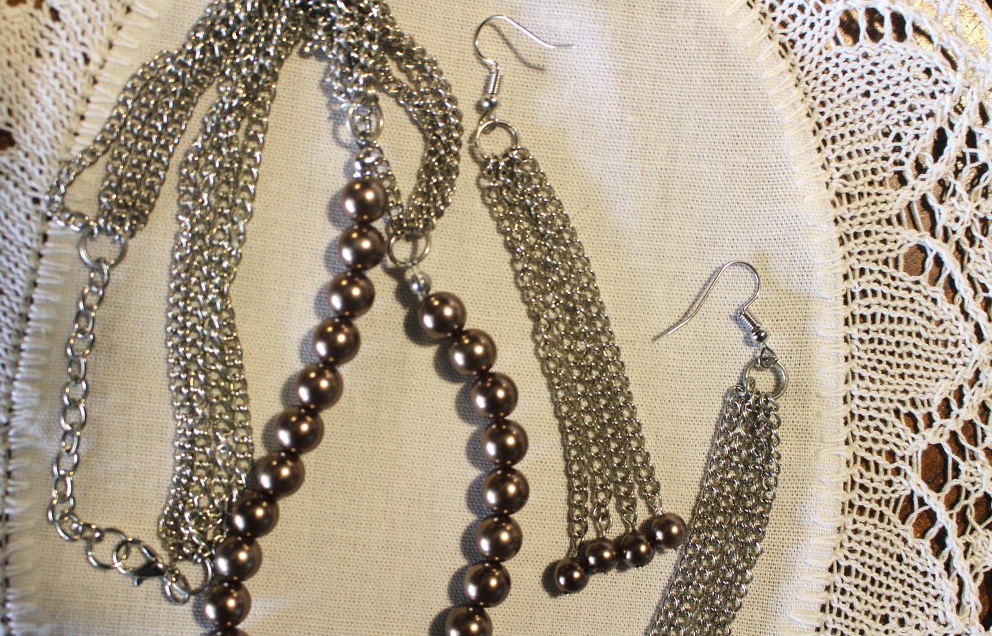 Double Brown Poinsettia Pendant and Earrings with Pearls