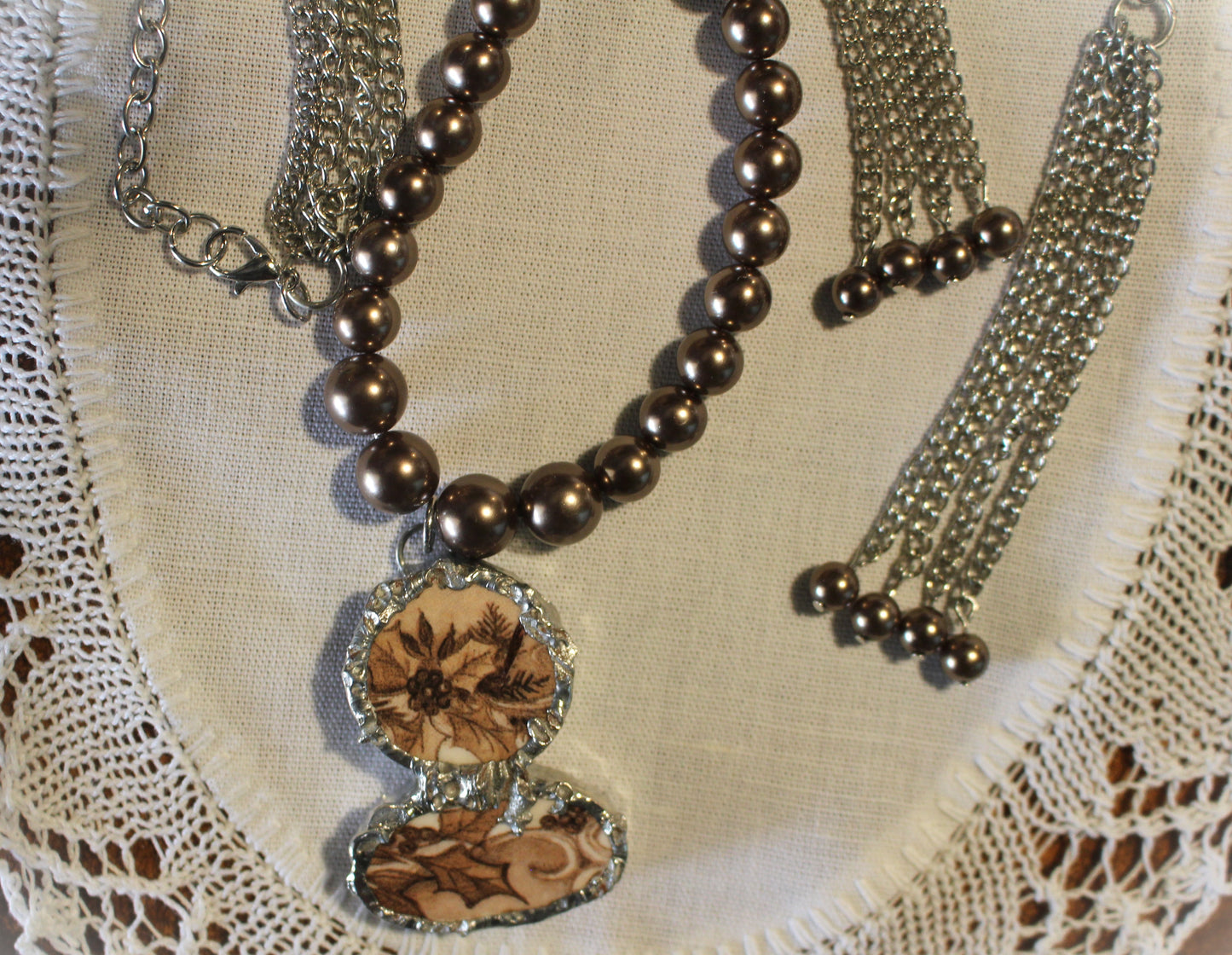 Double Brown Poinsettia Pendant and Earrings with Pearls