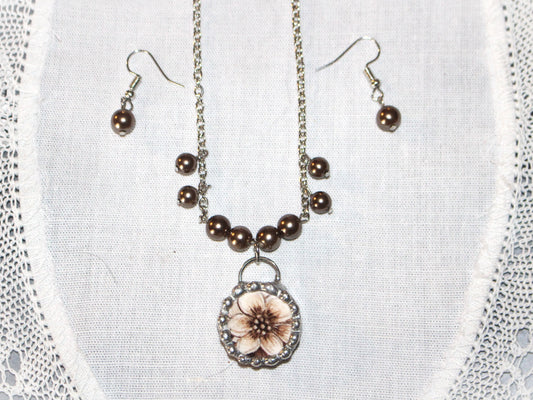 Poinsettia and Pearl Necklace and Earrings Set