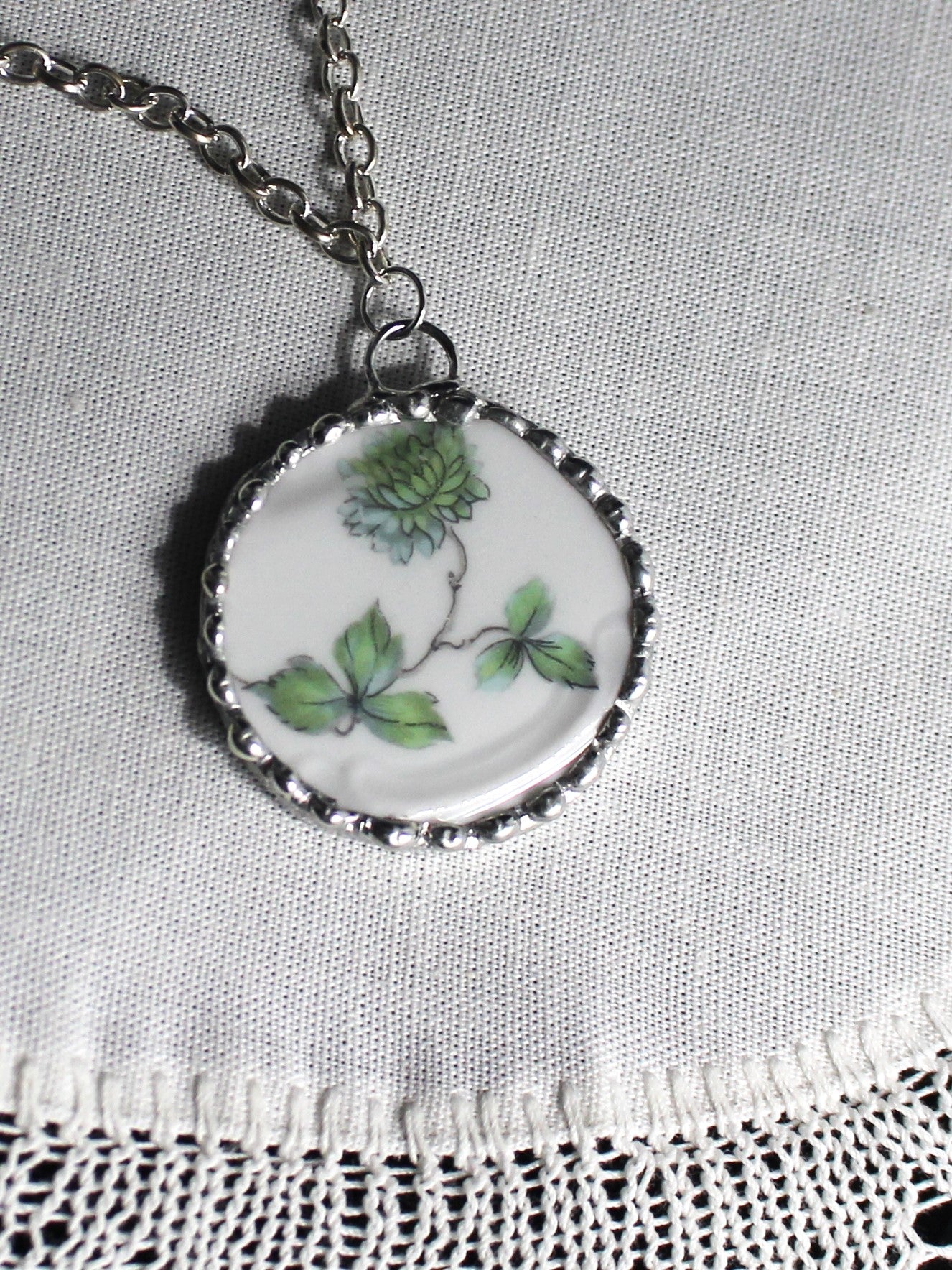 Green Chrysanthemum and Butterfly Round Pendant