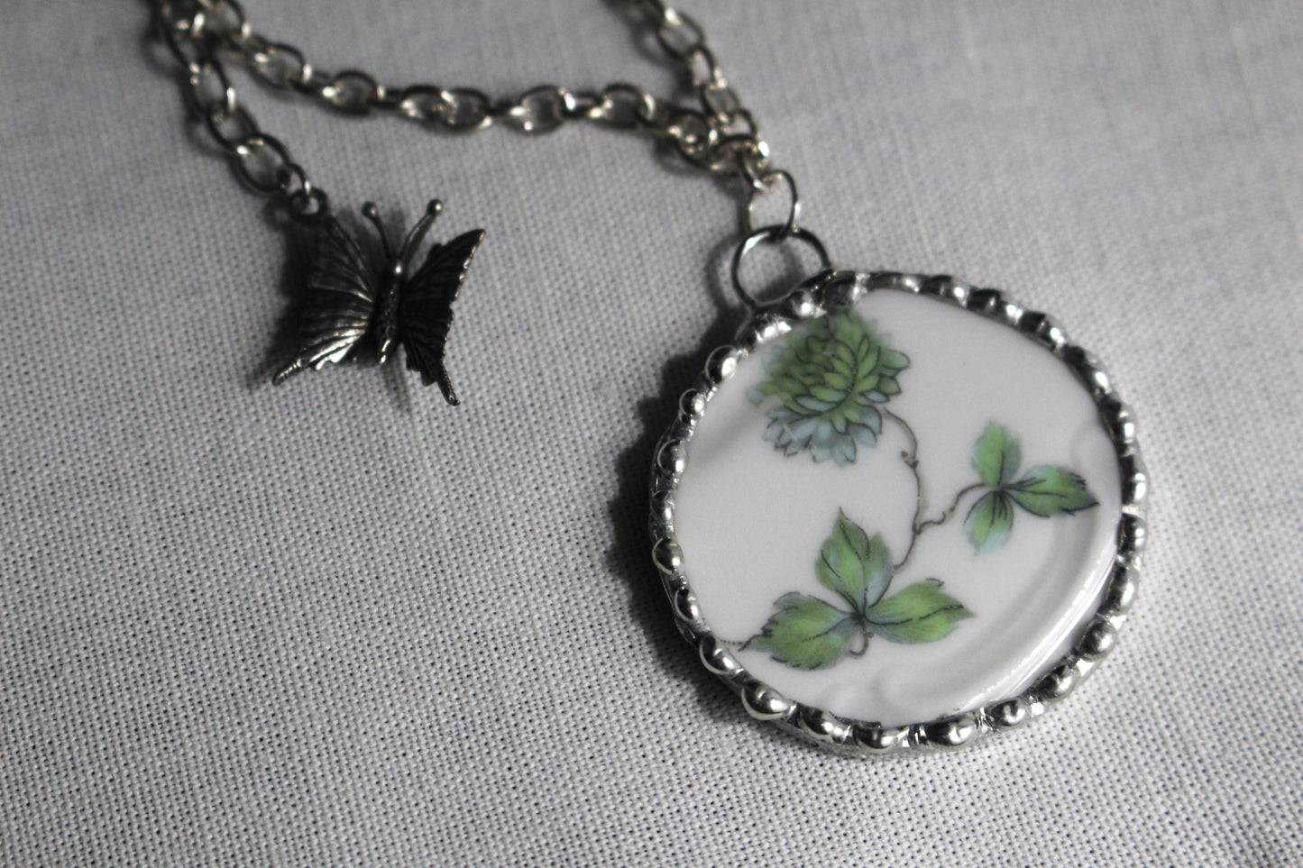 Green Chrysanthemum and Butterfly Round Pendant