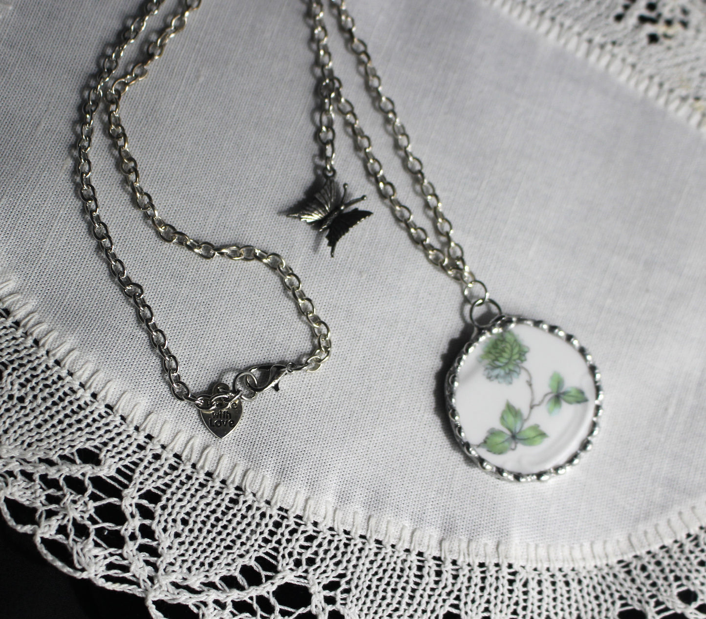 Green Chrysanthemum and Butterfly Round Pendant