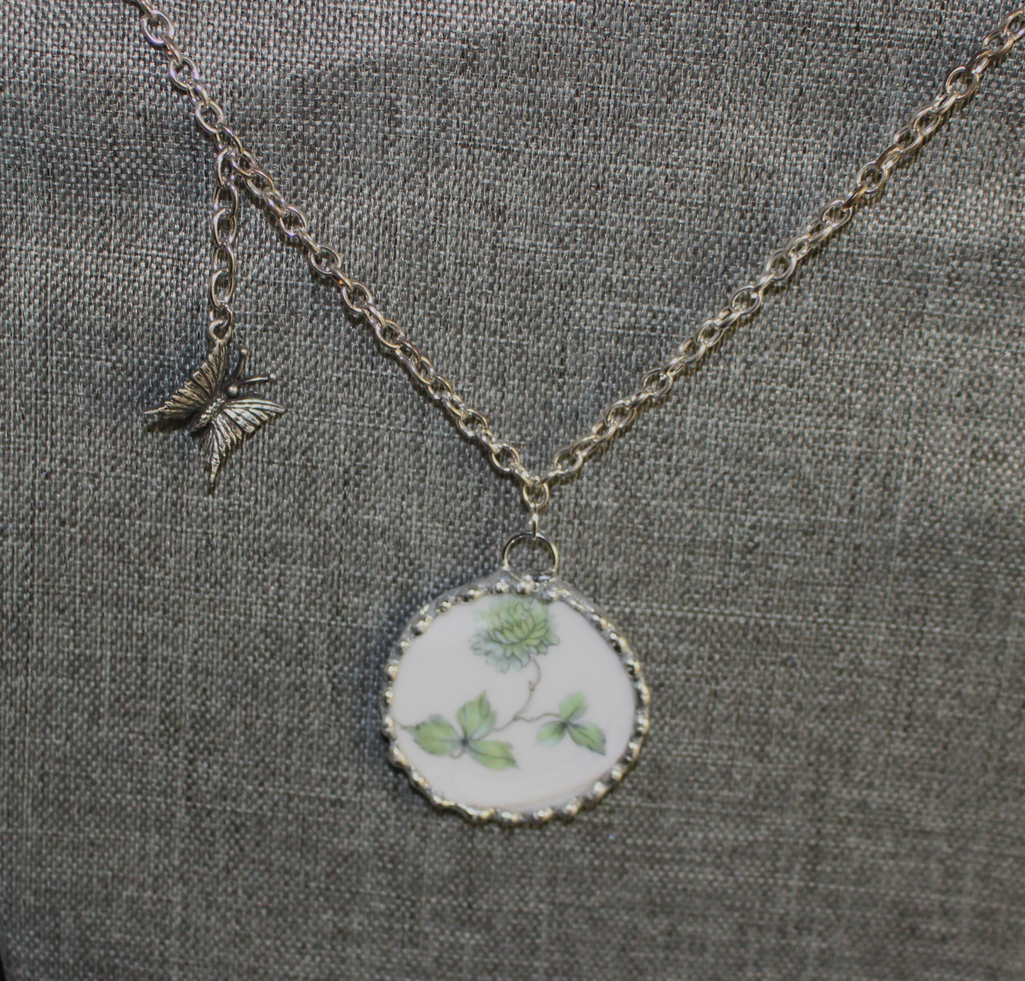 Green Chrysanthemum and Butterfly Round Pendant